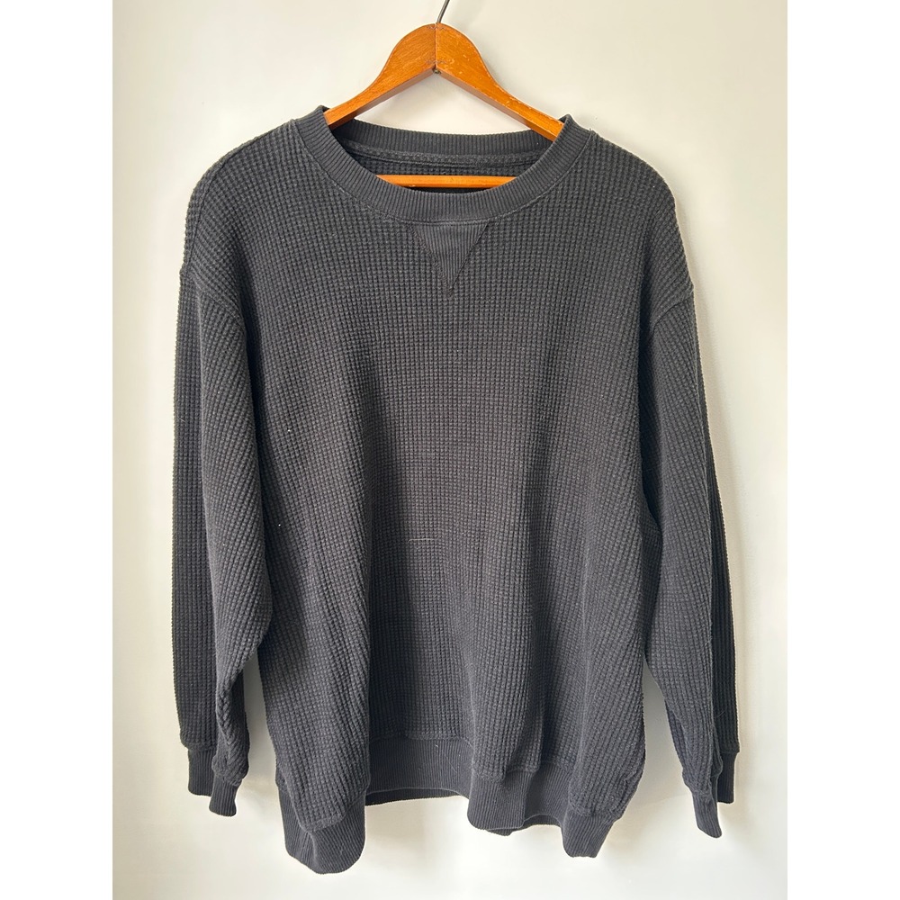 Aerie Waffle Knit Crewneck Sweatshirt Charcoal Gray Thermal Pullover Medium